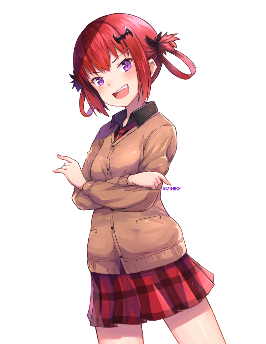 &gt;:d 10s 1girl :d artist_name bat_hair_ornament black_shirt cardigan crossed_arms evil_smile fang female_focus gabriel_dropout hair_ornament hair_rings highres looking_at_viewer m/ necktie open_mouth purple_eyes red_hair rizihike satanichia_kurumizawa_mcdowell school_uniform shirt skirt smile smug solo v-shaped_eyebrows white_background