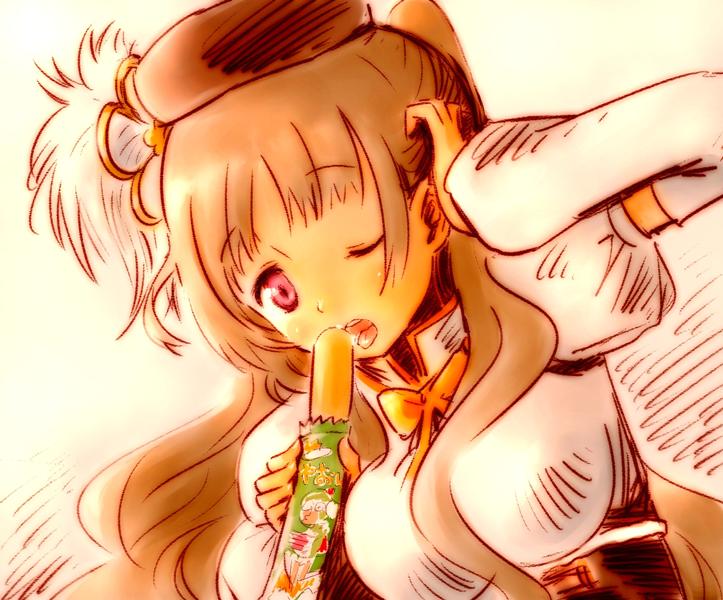 1girl bad_id bad_pixiv_id cosplay eating female_focus food hair_ornament hat kiba_mifuyu koi_to_senkyo_to_chocolate long_hair mahou_shoujo_madoka_magica mahou_shoujo_madoka_magica_(anime) mizuhashi_kaori sexually_suggestive solo tomoe_mami tomoe_mami_(cosplay) tomoe_mami_(magical_girl) umaibou voice_actor_connection yoshinogai