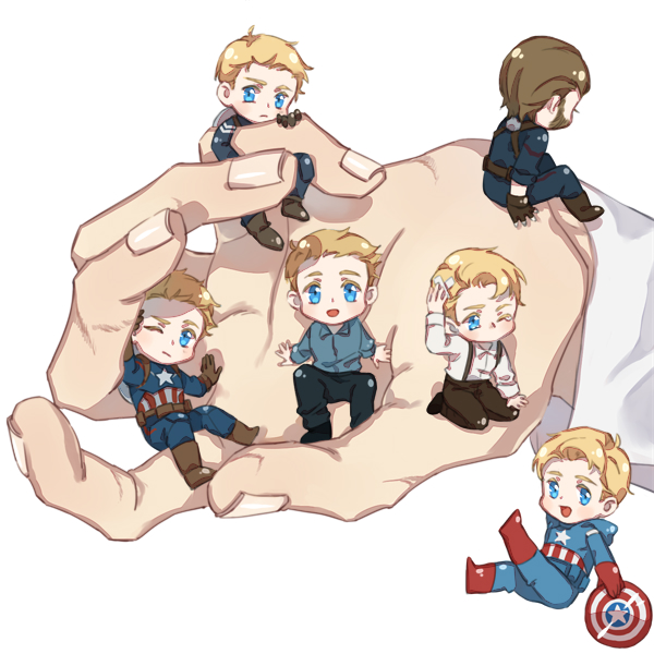 6+boys animification avengers:_age_of_ultron avengers:_infinity_war avengers_(series) back bandaid bandaid_on_head beard belt black_pants black_shoes blonde_hair blue_bodysuit blue_eyes blue_shirt blush bodysuit boots brown_belt brown_boots brown_gloves brown_pants captain_america captain_america:_civil_war captain_america:_the_first_avenger captain_america:_the_winter_soldier captain_america_(series) chibi chinese_commentary closed_mouth collared_shirt commentary_request facial_hair fingernails gloves hand_on_own_head holding holding_shield hood hooded_bodysuit leg_up long_sleeves looking_at_viewer male_focus marvel marvel_cinematic_universe multiple_boys multiple_persona one_eye_closed open_mouth pants red_boots red_gloves seiza shield shield_on_back shirt shoes short_hair simple_background sitting smile star_(symbol) steve_rogers superhero_costume suspenders tearing_up the_avengers_(2012) tony_stark vertical-striped_bodysuit white_background white_shirt yizilu699