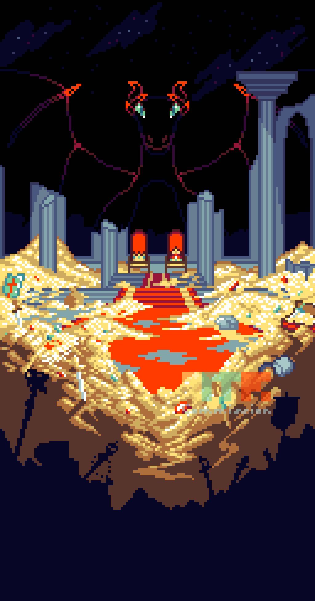 carpet column_lineup dragon fantasy highres looking_at_viewer no_humans original pile_of_money pixel_art retro_artstyle ruins scenery shadow throne_room thrown tomoruka_mr treasure