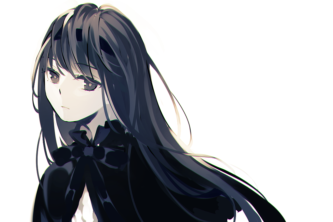 1girl akemi_homura akemi_homura_(black_dress) black_capelet black_dress black_hair blanket bow capelet dress expressionless funeral_dress hair_ribbon hairband long_hair looking_at_viewer mahou_shoujo_madoka_magica mahou_shoujo_madoka_magica:_hangyaku_no_monogatari mahou_shoujo_madoka_magica_(anime) purple_eyes ribbon simple_background solo very_long_hair white_background zgxuke