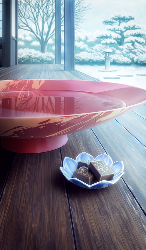 architecture bare_tree chocolate chocolate_river_no_sono_saki_ni commentary_request cup drink east_asian_architecture fate/grand_order fate_(series) food food_focus no_humans official_art outdoors reflection reflective_water sakazuki snow still_life stone_lantern third-party_source tree urushigusa