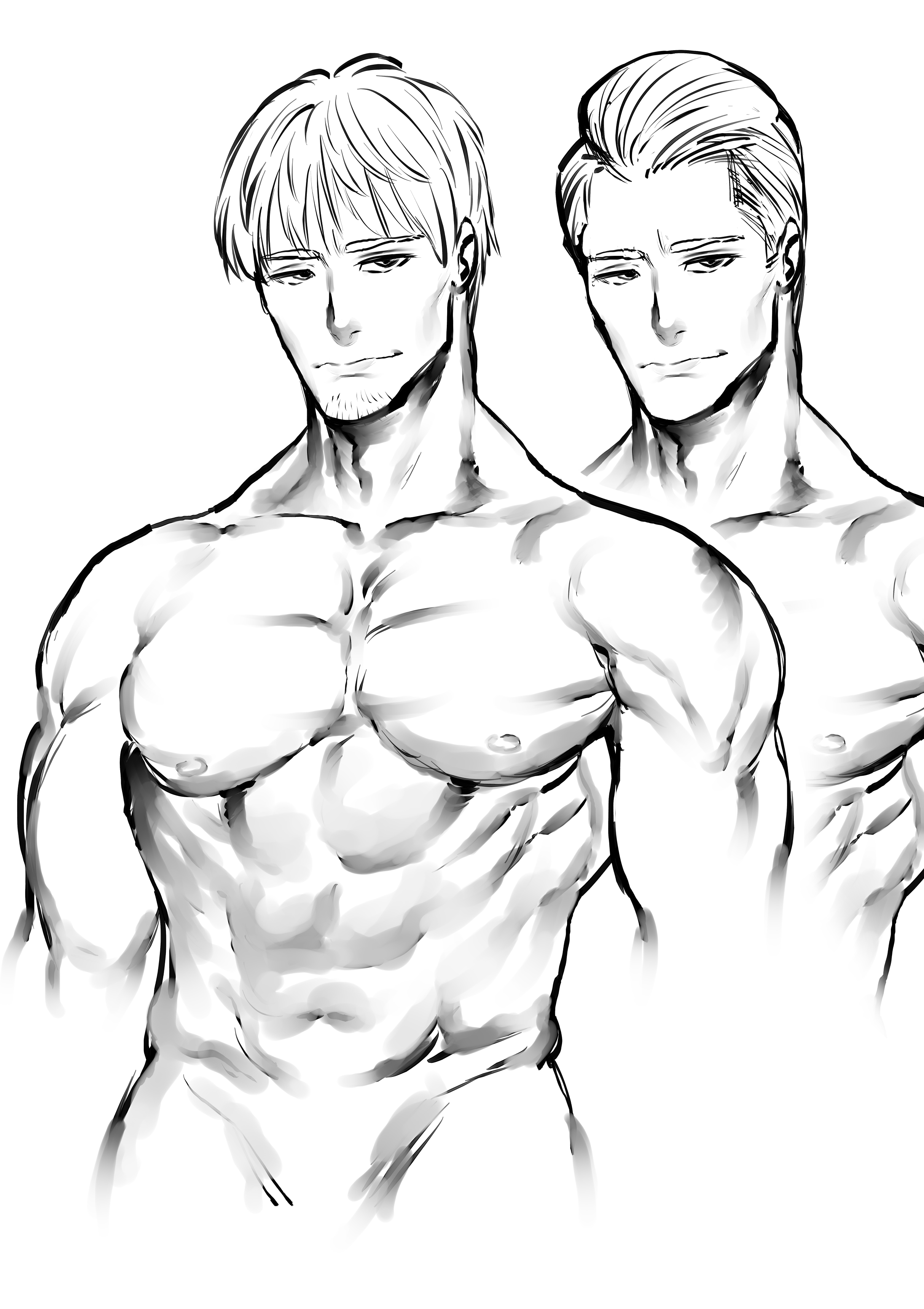 1boy aarokira abs absurdres aged_up cody_travers cropped_torso facial_hair highres https://www.aarokira.com/posters male_focus monochrome multiple_views muscular muscular_male non-web_source sketch solo street_fighter stubble white_background