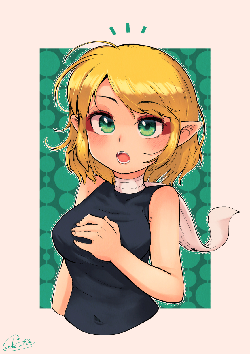 1girl black_shirt blonde_hair breasts carte commentary_request green_eyes half_updo highres medium_breasts medium_hair mizuhashi_parsee pointy_ears ponytail scarf shirt short_ponytail sleeveless sleeveless_shirt solo touhou upper_body white_scarf