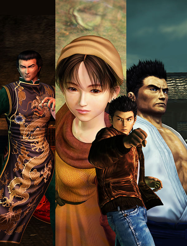 1girl 3boys 3d belt black_hair brown_hair chinese_clothes clenched_hand denim fighting_stance hat hazuki_iwao hazuki_ryou jacket jeans lan_di ling_shen_hua lipstick makeup multiple_boys official_art pants red_eyes sega shenhua shenmue shenmue_i spiked_hair