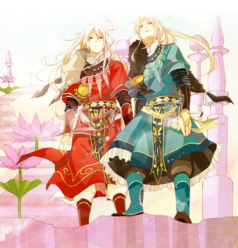 2boys albino androgynous arm_guards beads blonde_hair blue_(saga_frontier) blue_eyes bracelet dagger flower forehead_jewel from_below full_body fur_trim gem hair_ornament jewelry knife layered_sleeves long_hair long_sleeves looking_at_viewer lotus male_focus multiple_boys necklace red_eyes ribbon rouge_(saga_frontier) saga saga_frontier scarf sheath sheathed short_over_long_sleeves short_sleeves siblings skirt souichi standing twins very_long_hair weapon white_hair