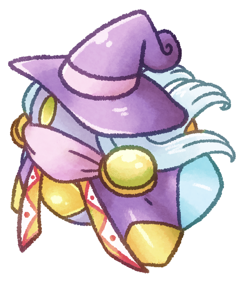 1girl bow commentary_request drawcia grey_hair hair_bow hat kirby_(series) kirby_canvas_curse nintendo no_humans oceannuts purple_hat simple_background solo white_background witch_hat yellow_eyes