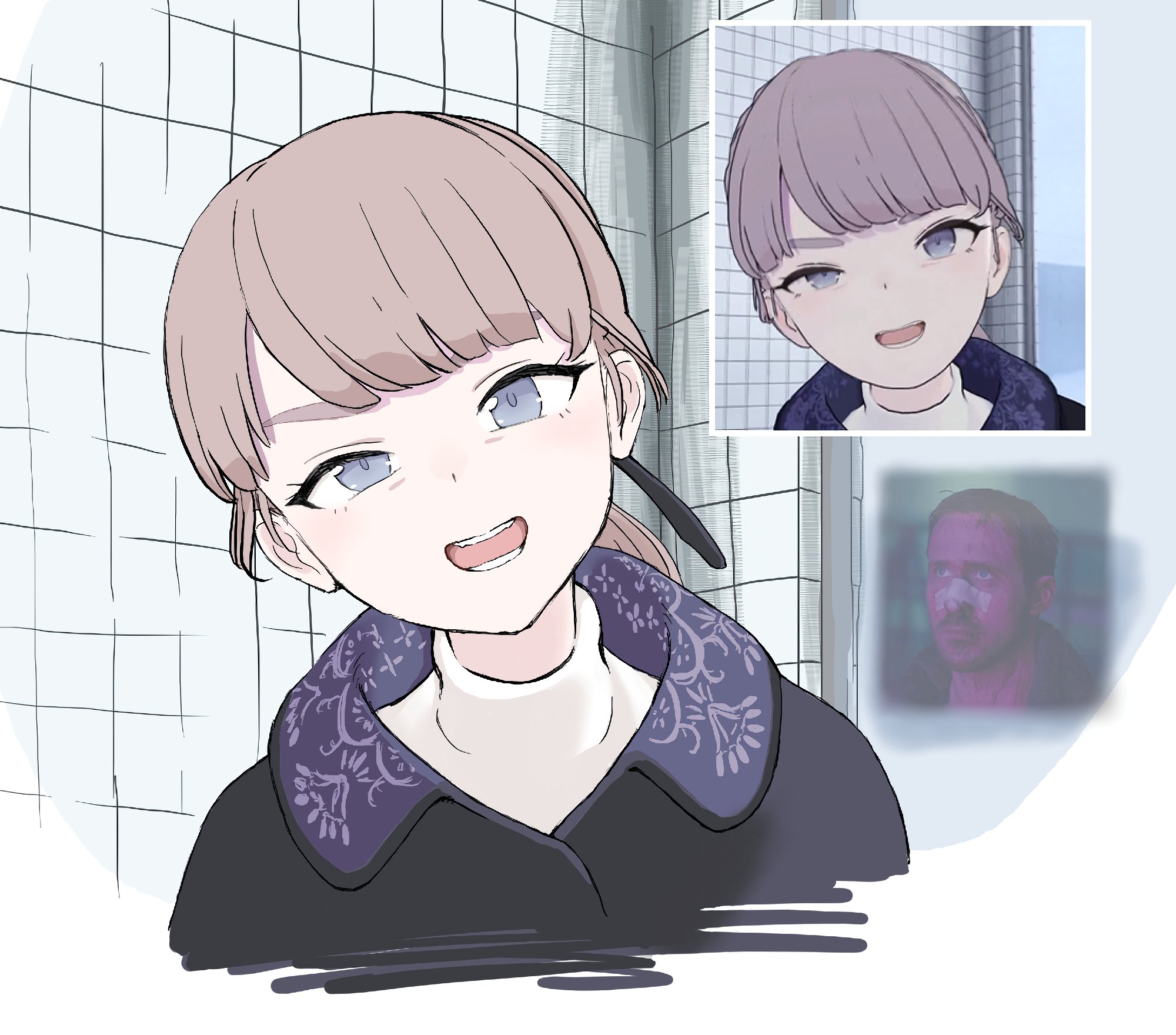 1girl black_ribbon blade_runner_2049 brown_hair commentary english_commentary goslingposting_(meme) hair_ribbon highres k_(blade_runner_2049) lapwing_(vrchat) long_hair looking_at_viewer meme open_mouth patrasche_doge ribbon ryan_gosling screenshot_inset solo teeth tile_wall tiles vrchat window