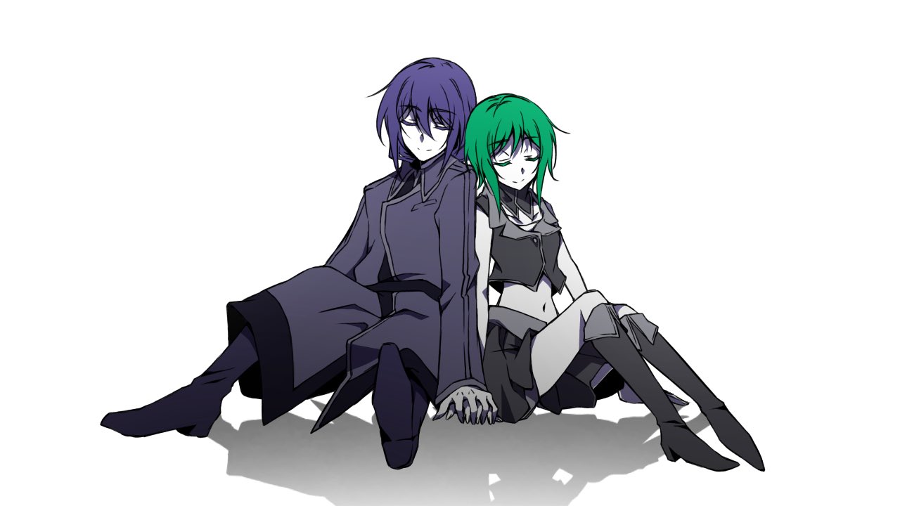 1boy 1girl bare_shoulders black_footwear boots closed_eyes collar collared_jacket colored_eyelashes colored_skin couple cropped_jacket detached_collar evillious_nendaiki green_hair grey_collar grey_footwear grey_jacket grey_skirt gumi holding_hands interlocked_fingers jacket knee_boots leaning_on_person long_skirt medium_hair midriff military_uniform navel nemesis_no_juukou_(vocaloid) nemesis_sudou nyoze_octo pale_skin purple_hair rice_rice_2525 saigo_no_revolver_(vocaloid) sidelocks skirt sleeveless sleeveless_jacket smile vocaloid white_skin