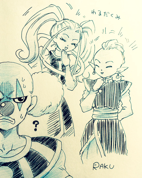 10s 1girl 2boys angel_(dragon_ball) artist_request clown_nose dragon_ball dragon_ball_super earrings giggles_(happy_tree_friends) jewelry kai_(dragon_ball) laughing marcarita_(dragon_ball) monochrome multiple_boys raku twintails universe_11_(dragon_ball) vermoud