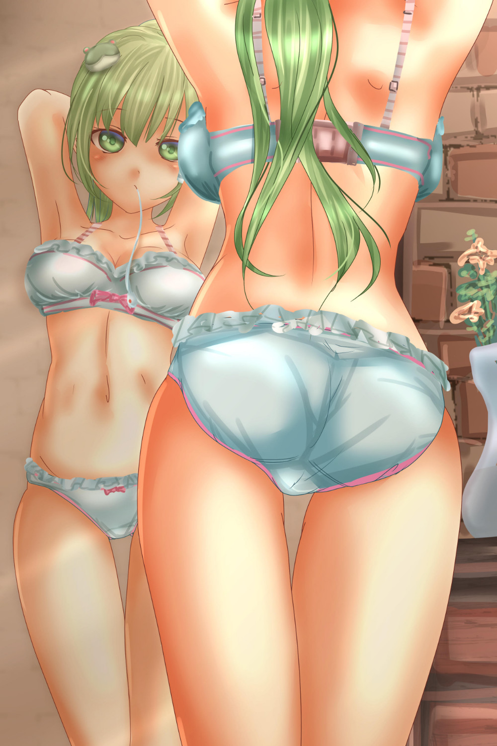 1girl armpits arms_behind_head ass back blue_bra blue_panties bow bow_bra bow_panties bra breasts cleavage collarbone commentary crotch_seam dressing female_focus flower frog_hair_ornament gluteal_fold green_green green_hair groin hair_ornament highres indoors kochiya_sanae long_hair medium_breasts mirror mouth_hold navel panties reflection shounen_(hogehoge) snake_hair_ornament solo standing thigh_gap thighs touhou underwear underwear_only unworn_hair_ornament vase