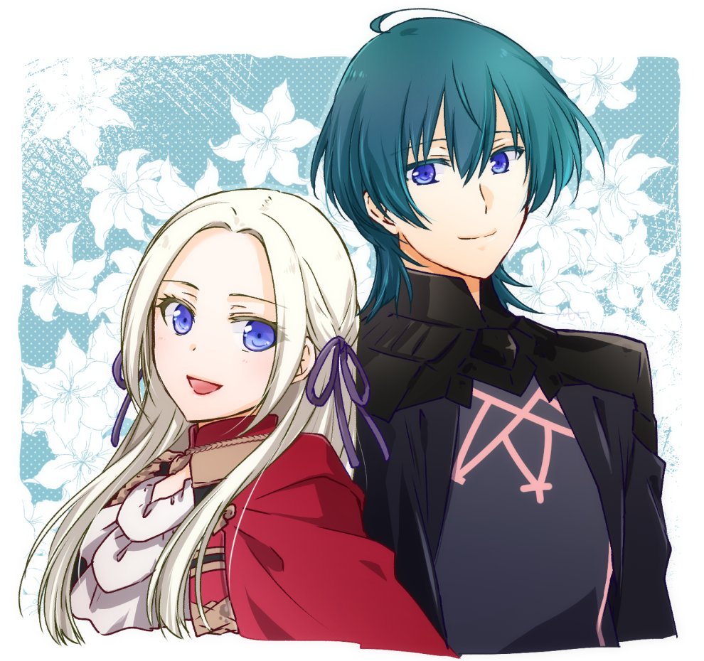 1boy 1girl :d armor ascot black_armor black_cape blue_background blue_eyes cape closed_mouth commentary_request edelgard_von_hresvelg fire_emblem fire_emblem:_three_houses floral_background flower garreg_mach_monastery_uniform gloves green_hair hair_ribbon hetero kazayuu_(yuuri) long_hair looking_at_viewer male_byleth_(fire_emblem) nintendo open_mouth purple_ribbon red_cape ribbon short_hair simple_background smile tongue upper_body white_ascot white_hair