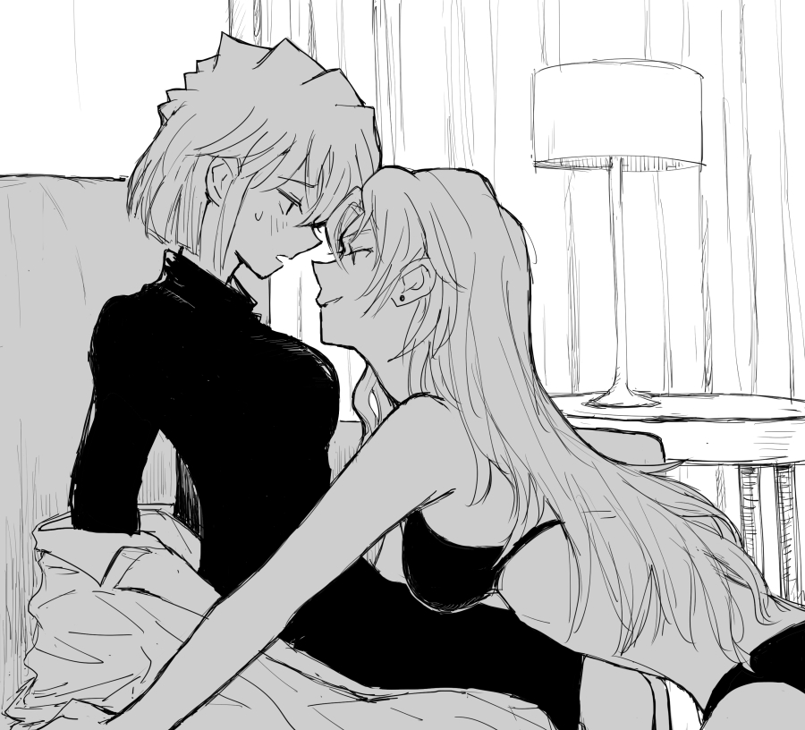 2girls blush bra commentary_request dress earrings greyscale indoors jewelry lamp long_hair meitantei_conan miyano_shiho monochrome multiple_girls mutsu_(layergreen) off_shoulder panties parted_lips short_hair smile stud_earrings underwear underwear_only vermouth_(meitantei_conan) yuri