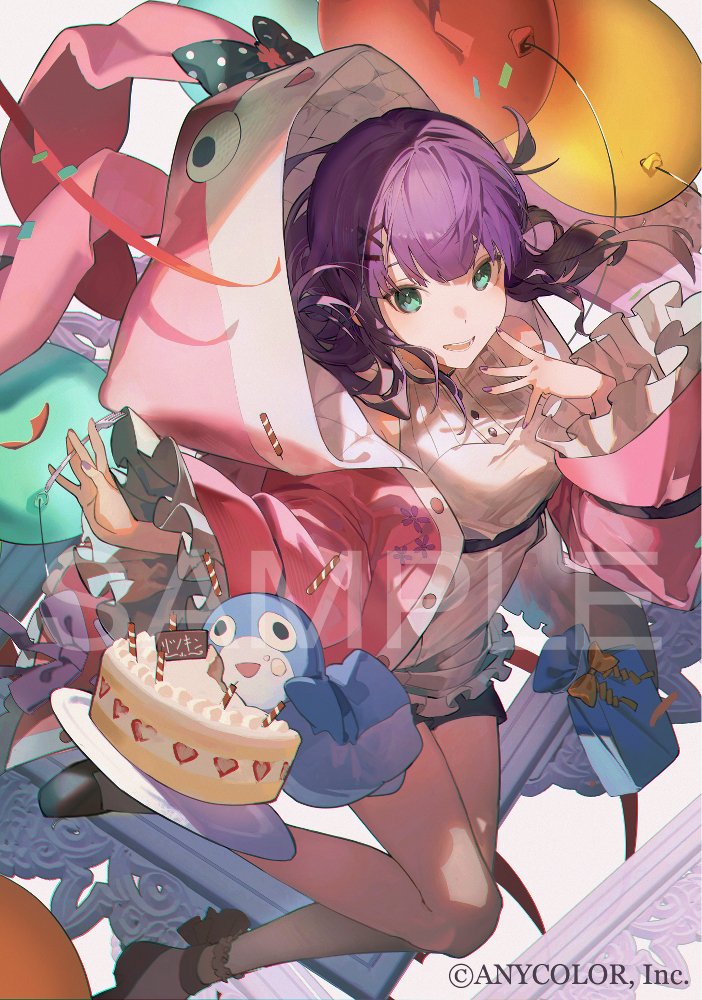 1girl :d alternate_costume alternate_hairstyle animal_hood ankle_socks balloon black_footwear blanket cake coat confetti copyright_name cross-laced_clothes cross-laced_coat dessert eyebrows_hidden_by_hair food frills fruit green_eyes hair_ornament hairclip hood hood_up karasuro looking_at_viewer nijisanji official_alternate_costume official_alternate_hairstyle official_art open_clothes open_coat open_mouth pink_coat pouch purple_hair quilt quilted_clothes quilted_coat sakura_ritsuki sample_watermark shirt shorts smile socks strawberry streamers teeth virtual_youtuber watermark white_shirt white_socks x_hair_ornament