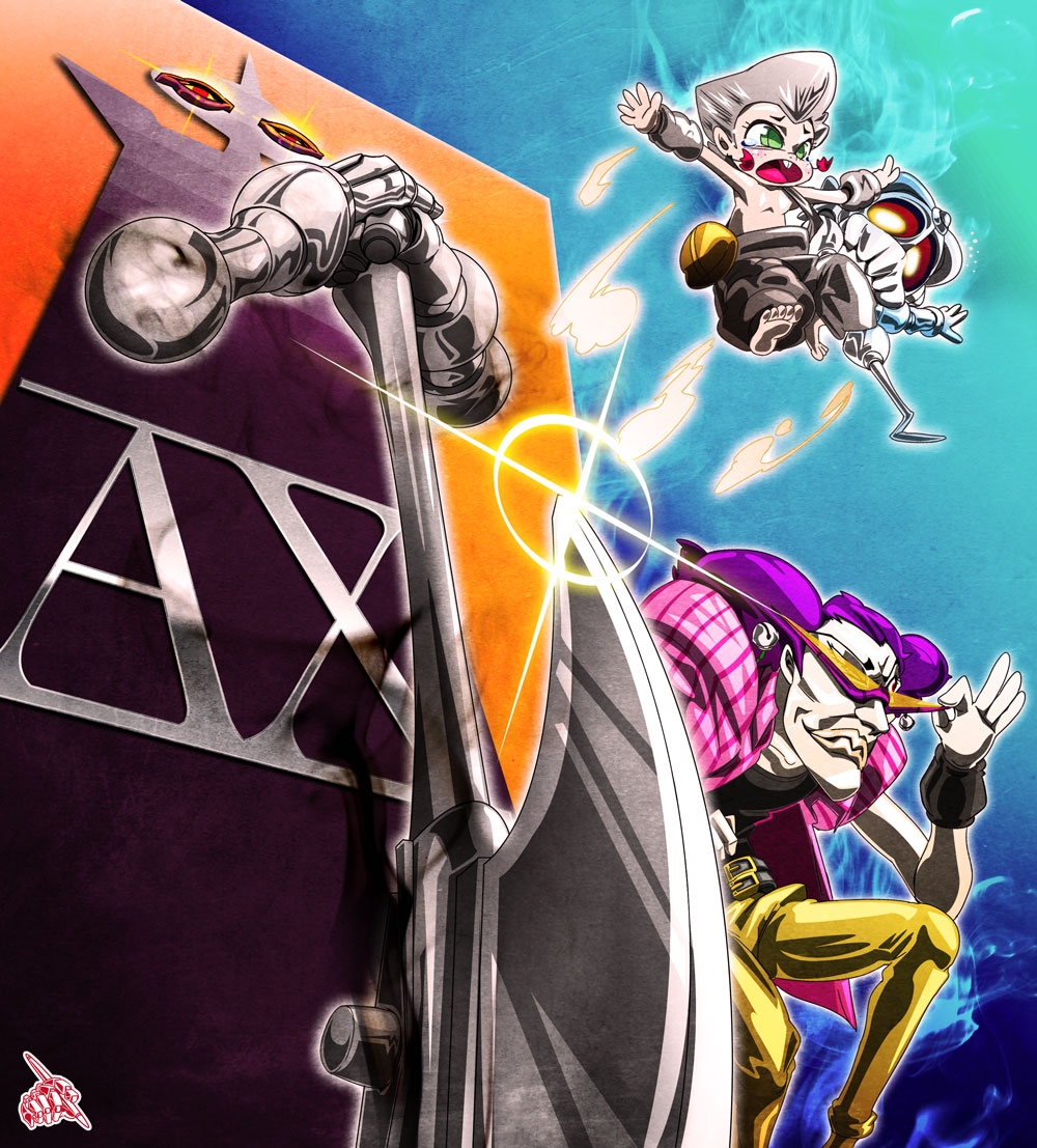 3boys age_regression alessi axe jean_pierre_polnareff jojo_no_kimyou_na_bouken male_focus multiple_boys sethan_(stand) silver_chariot stand_(jojo) uc-lab weapon aged_down