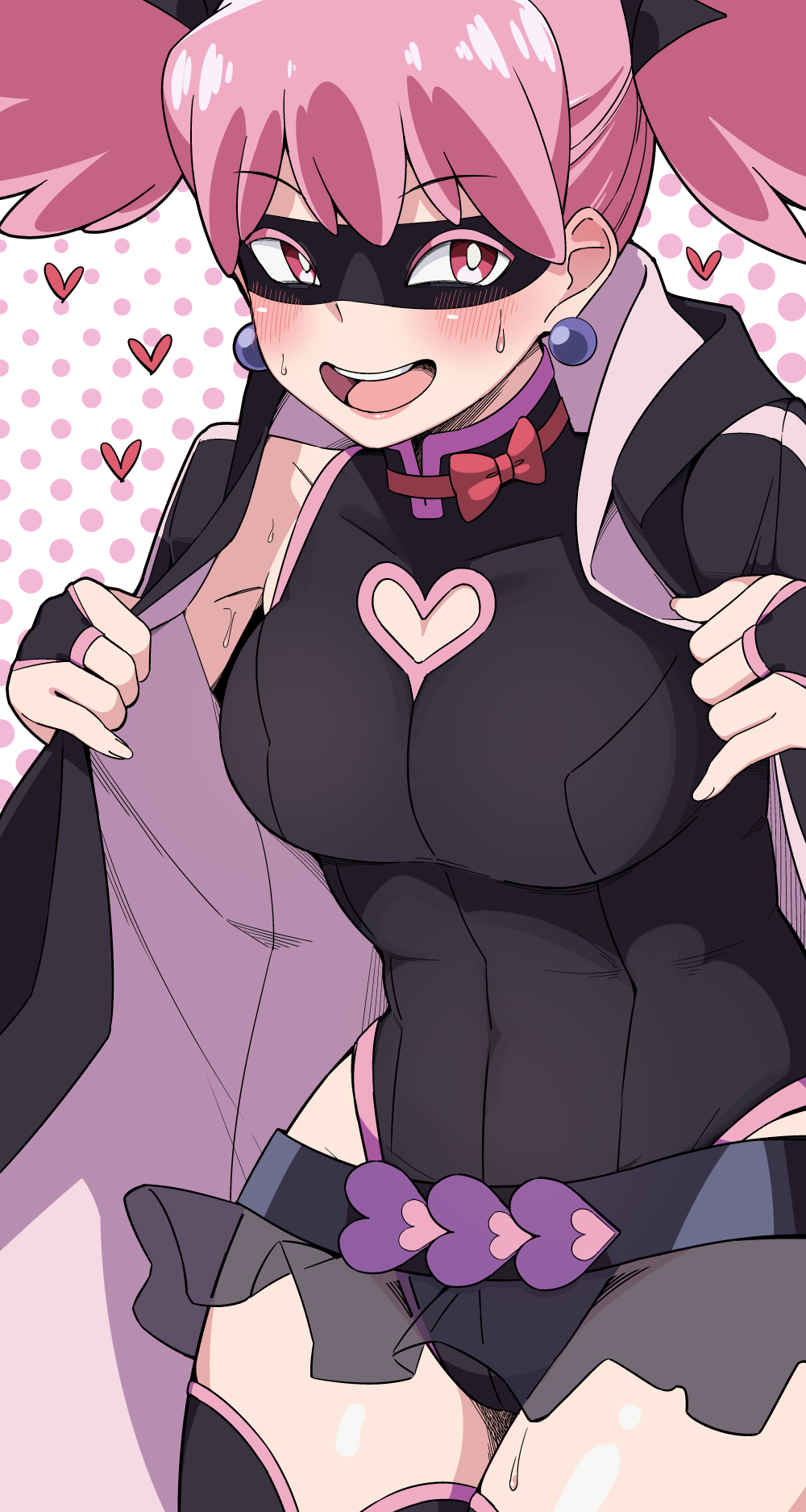 1girl black_jacket black_leotard blush clothing_cutout earrings eye_mask haneyama_kazuho heart heart_cutout highleg highleg_leotard highres jacket jewelry leotard open_mouth pink_eyes pink_hair posaru solo sweat teeth tongue twintails upper_teeth_only vigilante_-boku_no_hero_academia:_illegals-