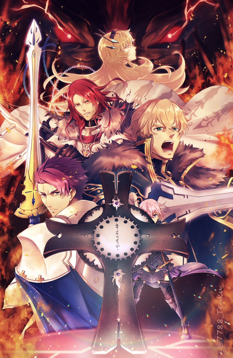 2girls 3boys armor arondight_(fate) barghest_(fate) blonde_hair excalibur_galatine_(fate) fai fate/grand_order fate_(series) gawain_(fate) lancelot_(fate/grand_order) mash_kyrielight mash_kyrielight_(demi-servant) multiple_boys multiple_girls pink_hair purple_hair red_hair shield shou_ko_(7788_tenku) tristan_(fate)