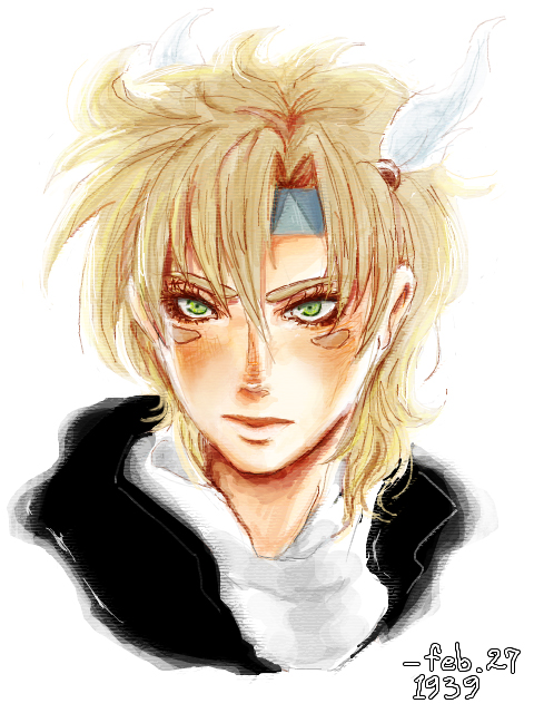 1boy battle_tendency blonde_hair caesar_anthonio_zeppeli facial_mark feathers green_eyes headband icoico icoico17 jojo_no_kimyou_na_bouken male_focus portrait ribbon shirt simple_background solo upper_body white_background white_shirt