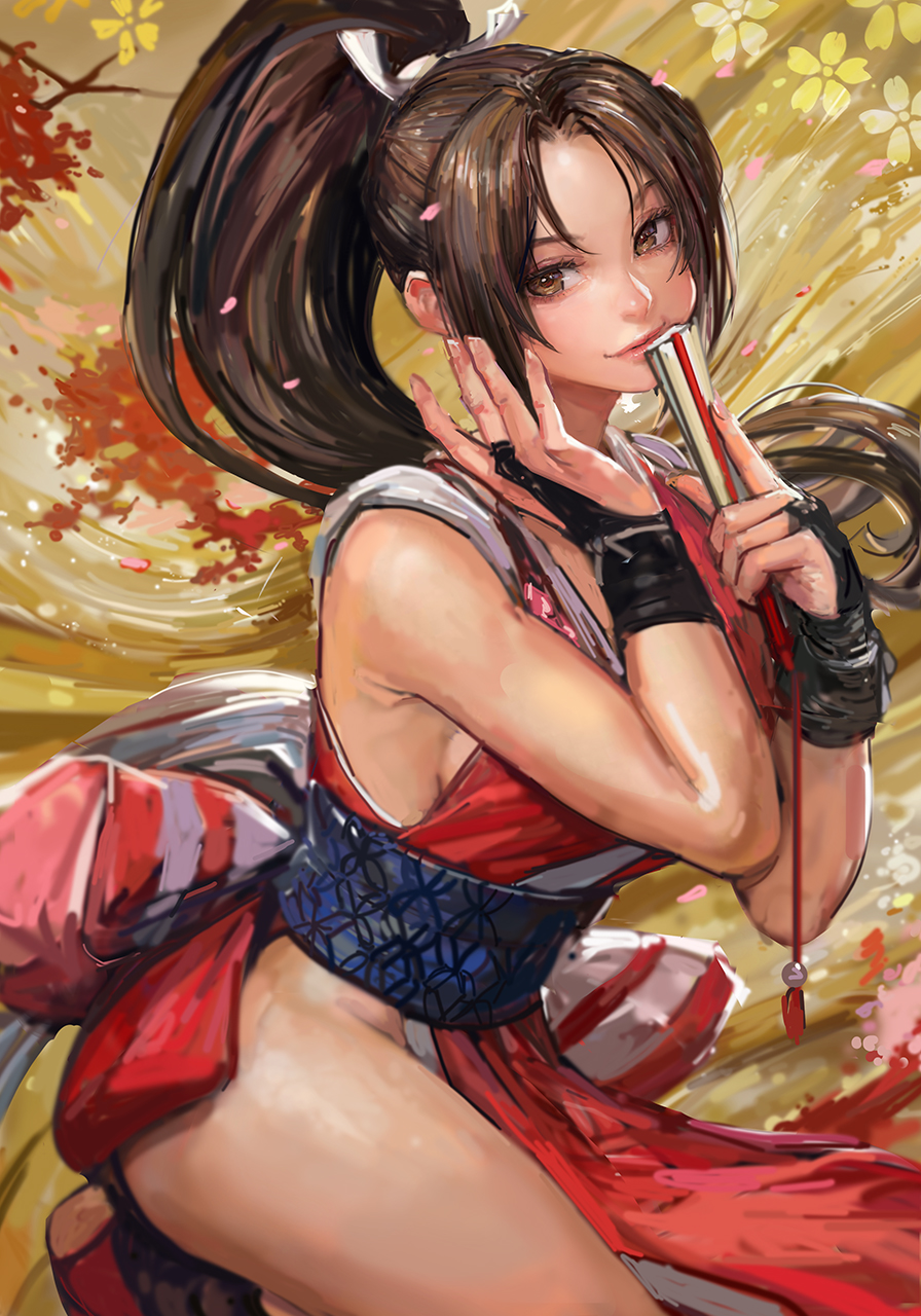 1girl armpit_crease bad_tag bare_shoulders breasts brown_eyes brown_hair closed_mouth commentary_request cowboy_shot crossover fatal_fury floral_background from_side hair_ornament hand_fan high_ponytail highres holding holding_fan large_breasts lips long_hair looking_at_viewer miche parted_bangs pink_lips ponytail revealing_clothes sash shiranui_mai smile solo street_fighter street_fighter_6 the_king_of_fighters thighs