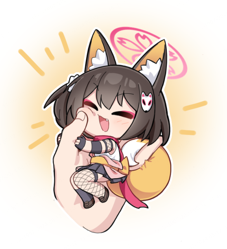 1girl 1other :d ^_^ animal_ear_fluff animal_ears black_gloves black_skirt blue_archive brown_hair cheek_poking chibi chibi_only closed_eyes commentary disembodied_hand eyeshadow fang fishnet_thighhighs fishnets fox_ears fox_girl fox_hair_ornament fox_tail full_body gloves halo happy holding_chibi hug izuna_(blue_archive) makeup medium_hair miniskirt needle_(574187457) notice_lines one_side_up open_mouth outline partially_fingerless_gloves pink_eyeshadow pink_halo pink_scarf pleated_skirt poking pov pov_hands scarf school_uniform shirt simple_background sitting skirt sleeveless sleeveless_shirt smile solo_focus tail thighhighs white_outline white_shirt yellow_background