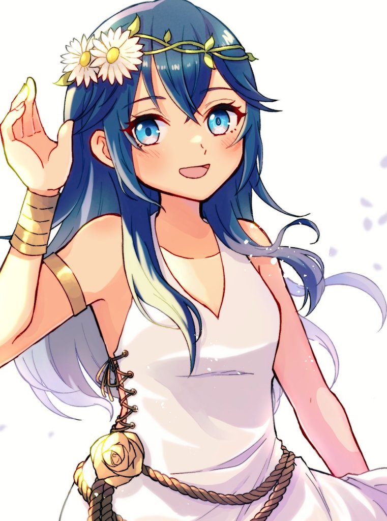 1girl :d arm_up armlet bare_shoulders blue_eyes blue_hair bracelet dress fire_emblem fire_emblem_awakening fire_emblem_heroes flower gogatsu_(yeaholiday) hair_flower hair_ornament jewelry long_hair looking_at_viewer lucina_(fire_emblem) lucina_(valentine)_(fire_emblem) nintendo official_alternate_costume open_mouth side-tie_dress sleeveless sleeveless_dress smile solo symbol_in_eye upper_body white_background white_dress