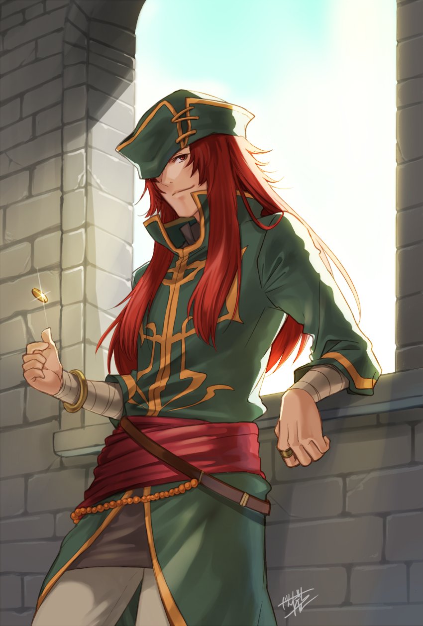 1boy brick_wall coin coin_flip fire_emblem fire_emblem:_the_sacred_stones hat highres indoors jandara_rin jewelry joshua_(fire_emblem) long_hair nintendo red_eyes red_hair ring smile solo sunlight