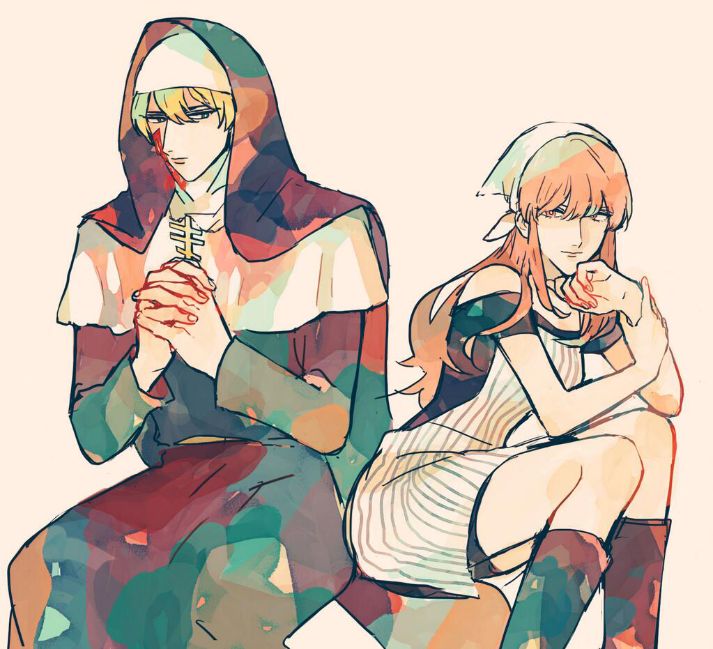 1boy 1girl apron arakawa_under_the_bridge bandana bleeding blonde_hair blood blood_on_clothes blood_on_face blue_eyes boots cross crossdressing dress elbow_rest expressionless facial_scar guimpe hair_between_eyes holding holding_cross holding_own_wrist interlocked_fingers knee_boots leaning_forward light_smile long_hair looking_at_another maria_(arakawa) nun off-shoulder_dress off_shoulder orthodox_cross own_hands_together pink_eyes pink_hair praying scar scar_on_cheek scar_on_face sharp911 short_hair sister_(arakawa) sitting striped_apron striped_clothes traditional_nun wimple
