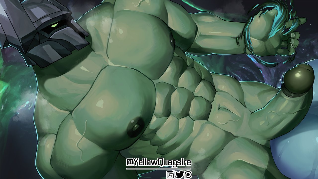 2boys abs artist_name aura bara biceps blue_skin colored_skin erection fog glowing glowing_eyes green_eyes green_skin helmet huge_penis large_pectorals league_of_legends male_focus manly masa_yawara_(yellow) mature_male mordekaiser multiple_boys muscular muscular_arms muscular_male nipples nude pectorals penis signature twitter_username veins yorick_(league_of_legends)