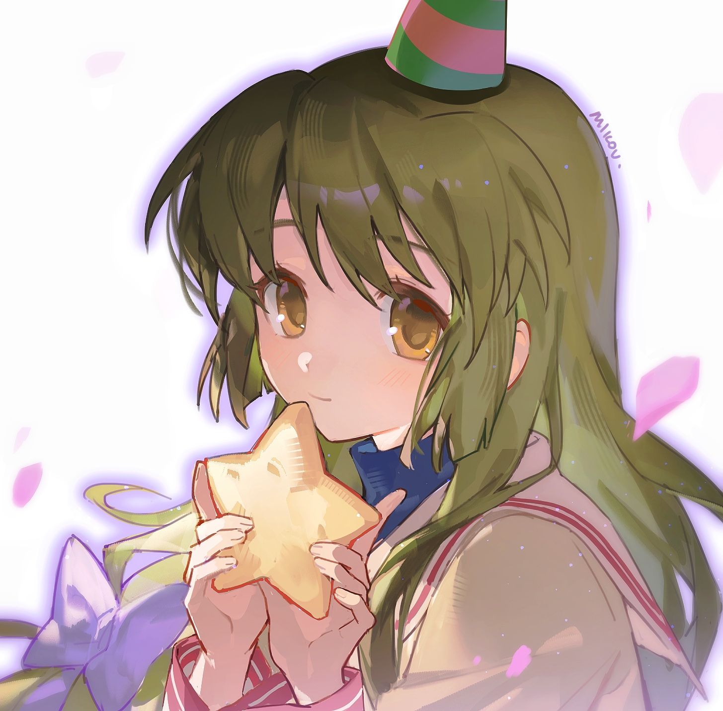 1girl artist_name bow brown_eyes brown_jacket clannad commentary_request falling_petals green_hair hair_bow hat highres hikarizaka_private_high_school_uniform holding holding_star ibuki_fuuko jacket light_blush light_smile long_hair long_sleeves looking_at_viewer mikou_(mikou_minnow) party_hat petals purple_bow sailor_collar school_uniform solo star_(symbol) starfish white_sailor_collar