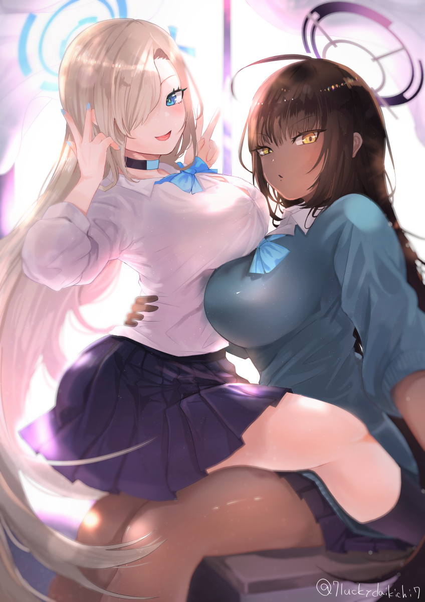 2girls aqua_cardigan asuna_(blue_archive) asuna_(school_uniform)_(blue_archive) black_choker blonde_hair blue_archive blue_bow blue_bowtie blue_cardigan blue_eyes blue_halo blue_nails bow bowtie breasts brown_hair button_gap cardigan choker collared_shirt commentary_request dark-skinned_female dark_skin hair_over_one_eye halo hand_on_another&#039;s_waist highres karin_(blue_archive) karin_(school_uniform)_(blue_archive) large_breasts long_hair looking_at_viewer loose_bowtie lucky_daikichi miniskirt multiple_girls nail_polish pleated_skirt purple_halo purple_skirt school_uniform shirt sitting sitting_on_lap sitting_on_person skirt very_long_hair white_shirt yellow_eyes