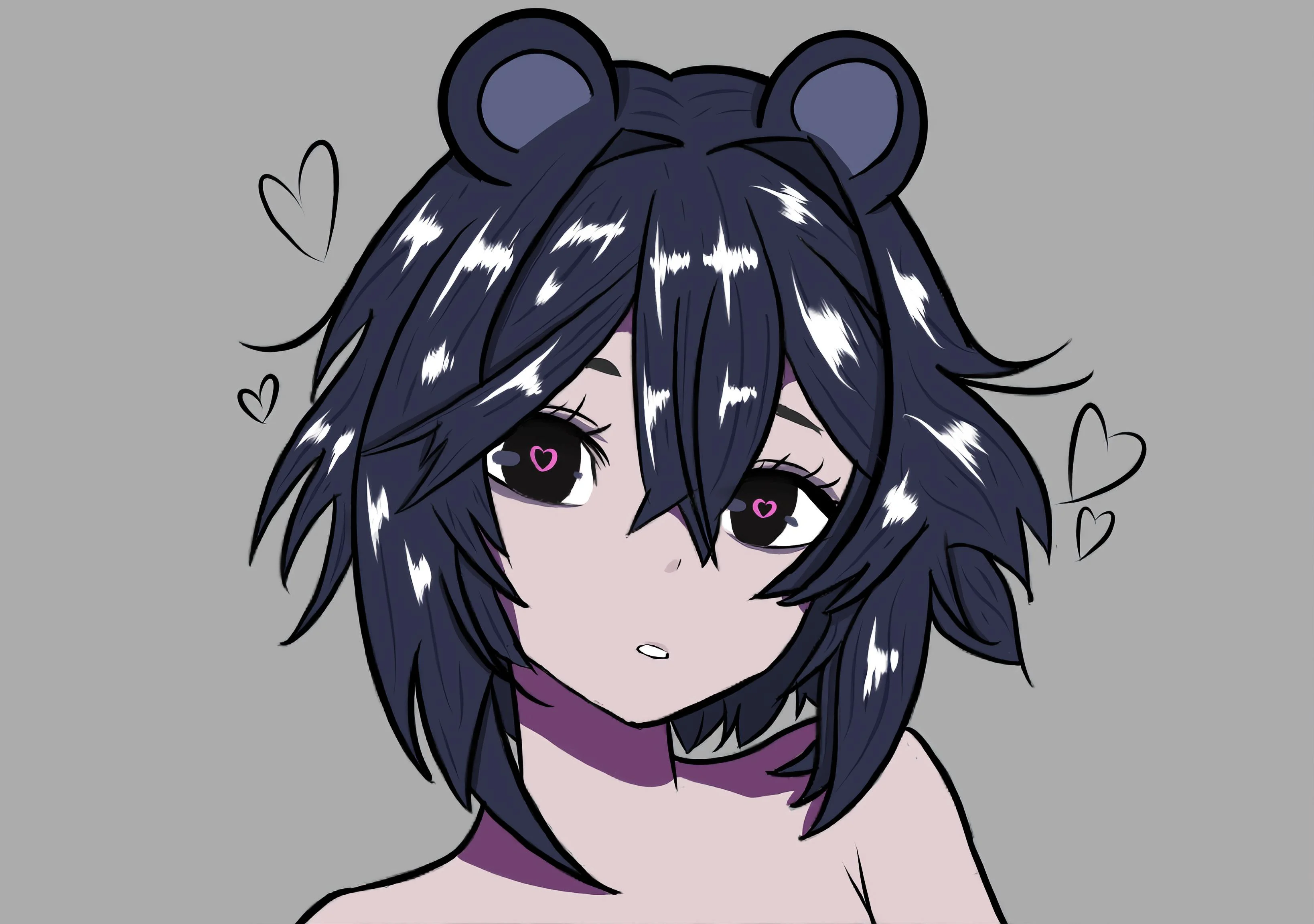1girl absurdres animal_ears apandah_(youtube) bare_shoulders bear_ears black_eyes black_hair female_focus grey_background hair_between_eyes hair_intakes heart heart-shaped_pupils highres looking_at_viewer panda_ears shadow short_hair simple_background solo solo_focus symbol-shaped_pupils tagme topless_female youtube
