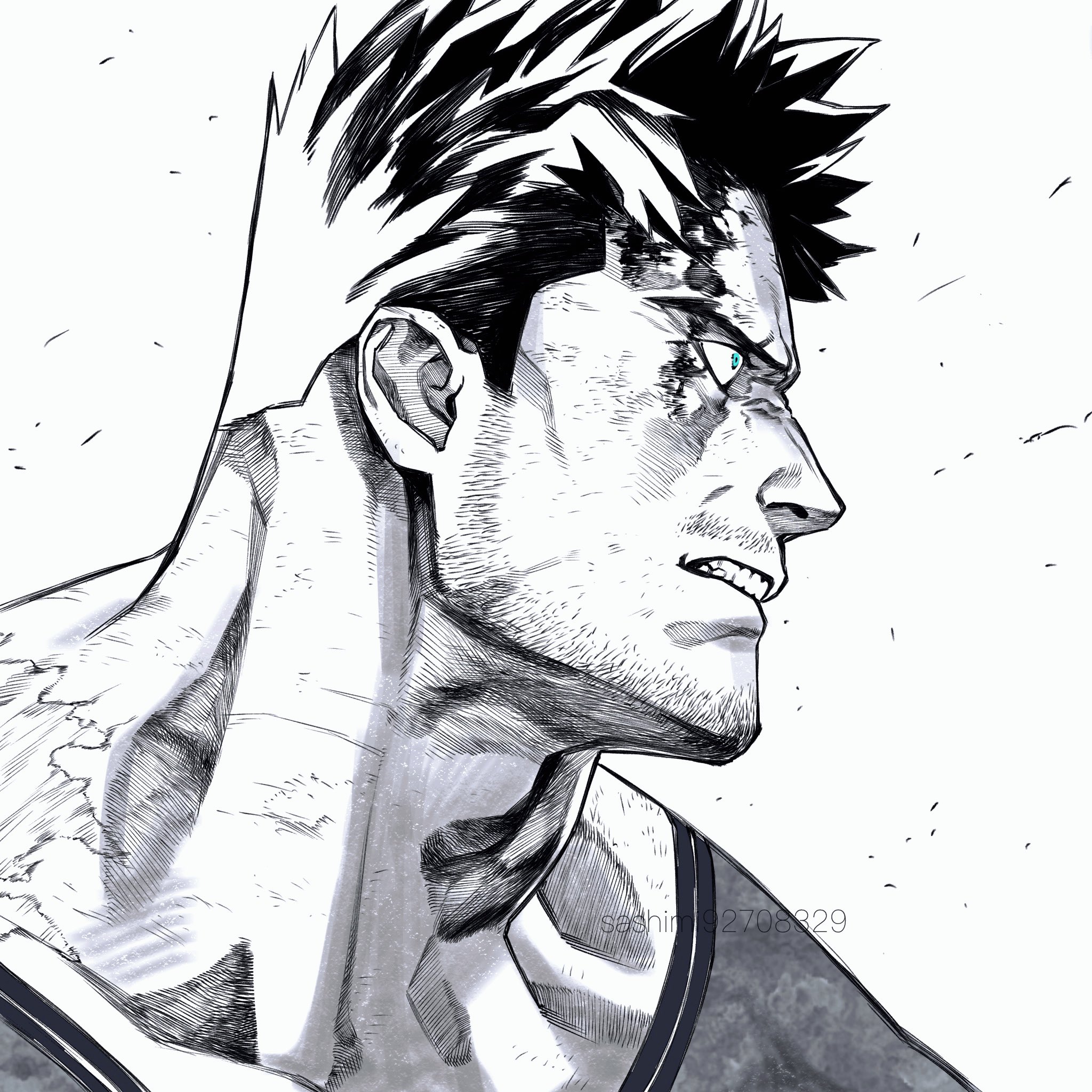 1boy adam's_apple angry beard_stubble blood_from_forehead blue_eyes bodysuit boku_no_hero_academia clenched_teeth endeavor_(boku_no_hero_academia) facial_hair greyscale highres looking_to_the_side male_focus mature_male monochrome muscular muscular_male mustache_stubble neck profile sanpaku sashimi_oran serious short_hair sideburns sideburns_stubble solo spiked_hair spot_color stubble teeth thick_neck tsurime