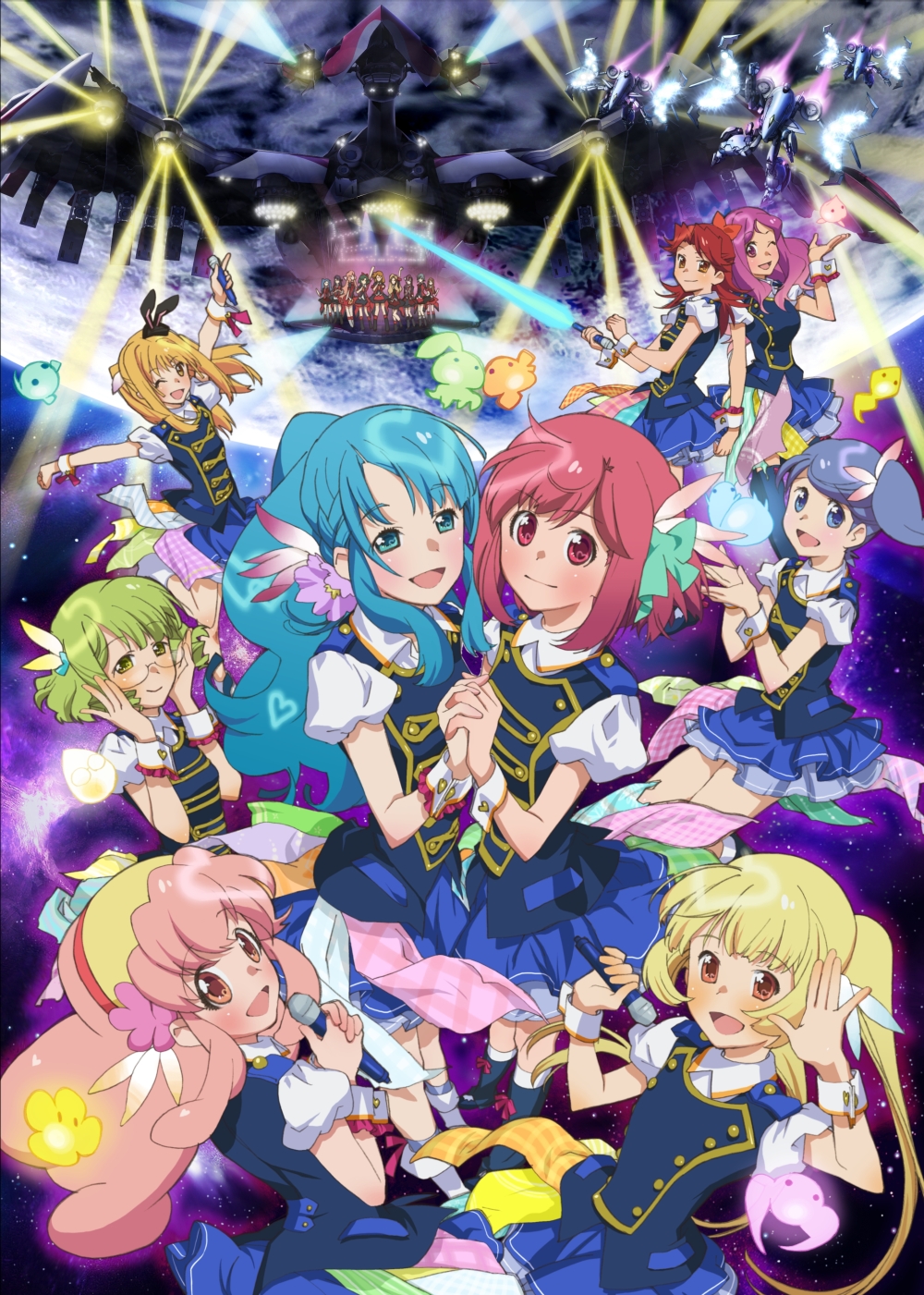 10s 6+girls aida_orine akb0048 energy_sword frills galaxy hair_ornament highres ichijou_yuuka idol kanzaki_suzuko kirara_(akb0048) kishida_mimori light looking_at_viewer mecha motomiya_nagisa multiple_girls official_art planet robot science_fiction searchlight shinonome_kanata shinonome_sonata smile sono_chieri space spacecraft star_(sky) sword uniform weapon yokomizo_makoto