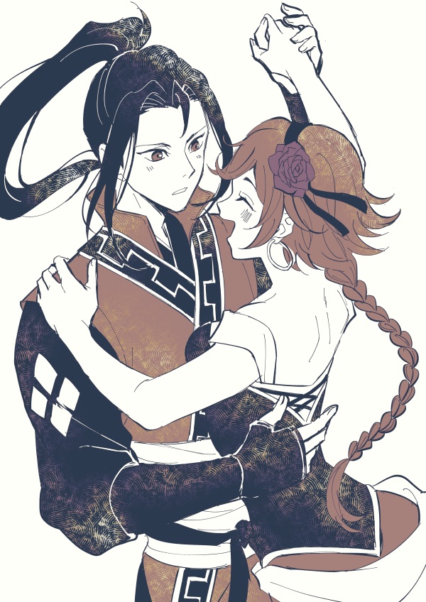 1boy 1girl ^_^ agnea_bristarni black_hair braid braided_ponytail brown_eyes closed_eyes dancing hair_intakes high_ponytail hikari_ku long_hair octopath_traveler octopath_traveler_ii open_mouth osgt_pic parted_lips ponytail simple_background smile white_background