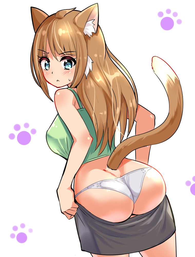 1girl animal_ears ass bare_shoulders breasts brown_hair butt_crack cat_ears cat_tail clothes_pull cougar_(cougar1404) dimples_of_venus from_behind green_eyes inconvenient_ass long_hair medium_breasts megu_(cougar1404) original panties sideboob skirt skirt_hold skirt_pull solo sweatdrop tail underwear very_long_hair wedgie