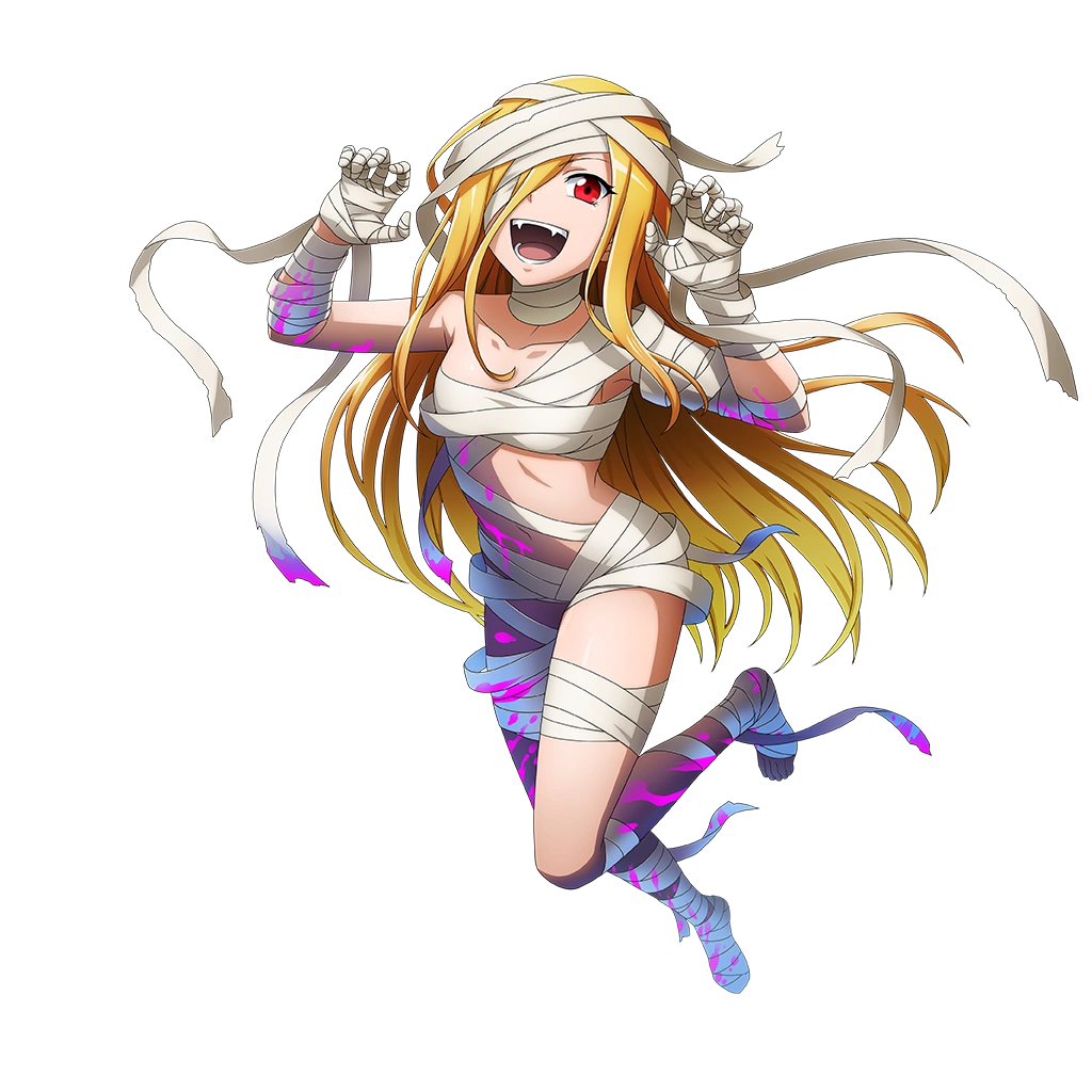 1girl bandage_over_one_eye bandaged_hand bandaged_leg bandages bandages_around_chest bare_shoulders barefoot blonde_hair blood blood_on_arm blood_on_leg bloody_bandages collarbone evileye_(overlord) fangs hair_over_one_eye long_hair looking_at_viewer mummy_costume navel no_bra no_panties nude official_art one_eye_covered overlord_(maruyama) red_eyes smile solo topless_female transparent_background ultraviolet_light vampire