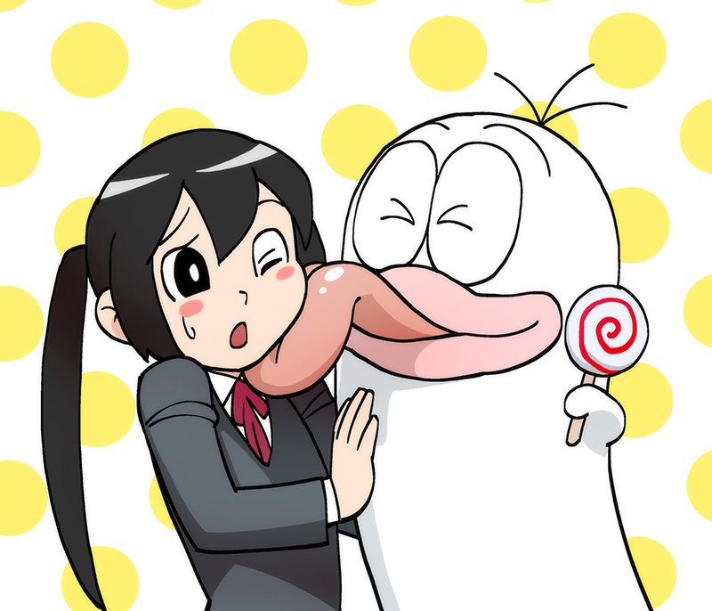 1girl blush_stickers candy crossover food fujiko_f_fujio_(style) k-on! licking lollipop nakano_azusa obake_no_q-tarou one_eye_closed parody polka_dot polka_dot_background q-tarou school_uniform style_parody twintails ueyama_michirou