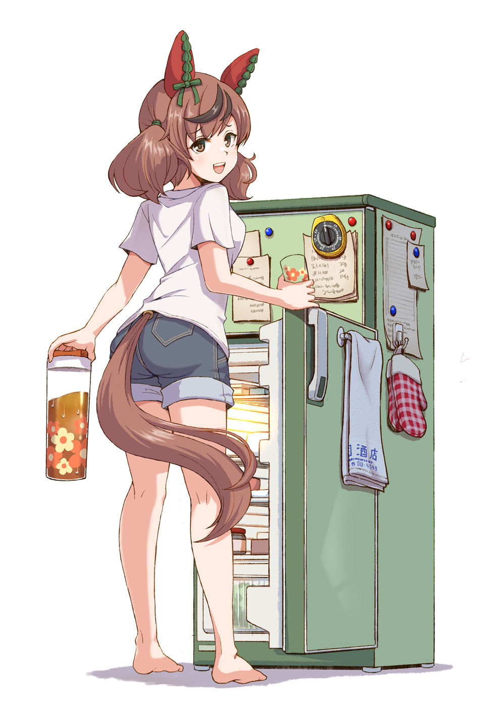 1girl :d alternate_costume animal_ears barefoot barley_tea bottle bow breasts brown_eyes brown_hair casual denim denim_shorts ear_bow ear_covers from_behind full_body green_bow highres holding holding_bottle horse_ears horse_girl horse_tail medium_breasts medium_hair multicolored_hair nice_nature_(umamusume) open_mouth refrigerator satomura_kyou shirt short_sleeves shorts smile solo streaked_hair t-shirt tail twintails umamusume white_shirt yellow_eyes