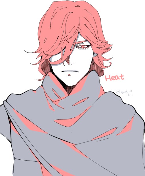 1boy black_cloak character_name cloak closed_mouth digital_devil_saga frown hair_over_one_eye heat_(dds) hmt_x looking_at_viewer male_focus narrowed_eyes one_eye_covered parted_bangs red_eyes red_hair short_sleeves simple_background solo straight-on twitter_username upper_body white_background