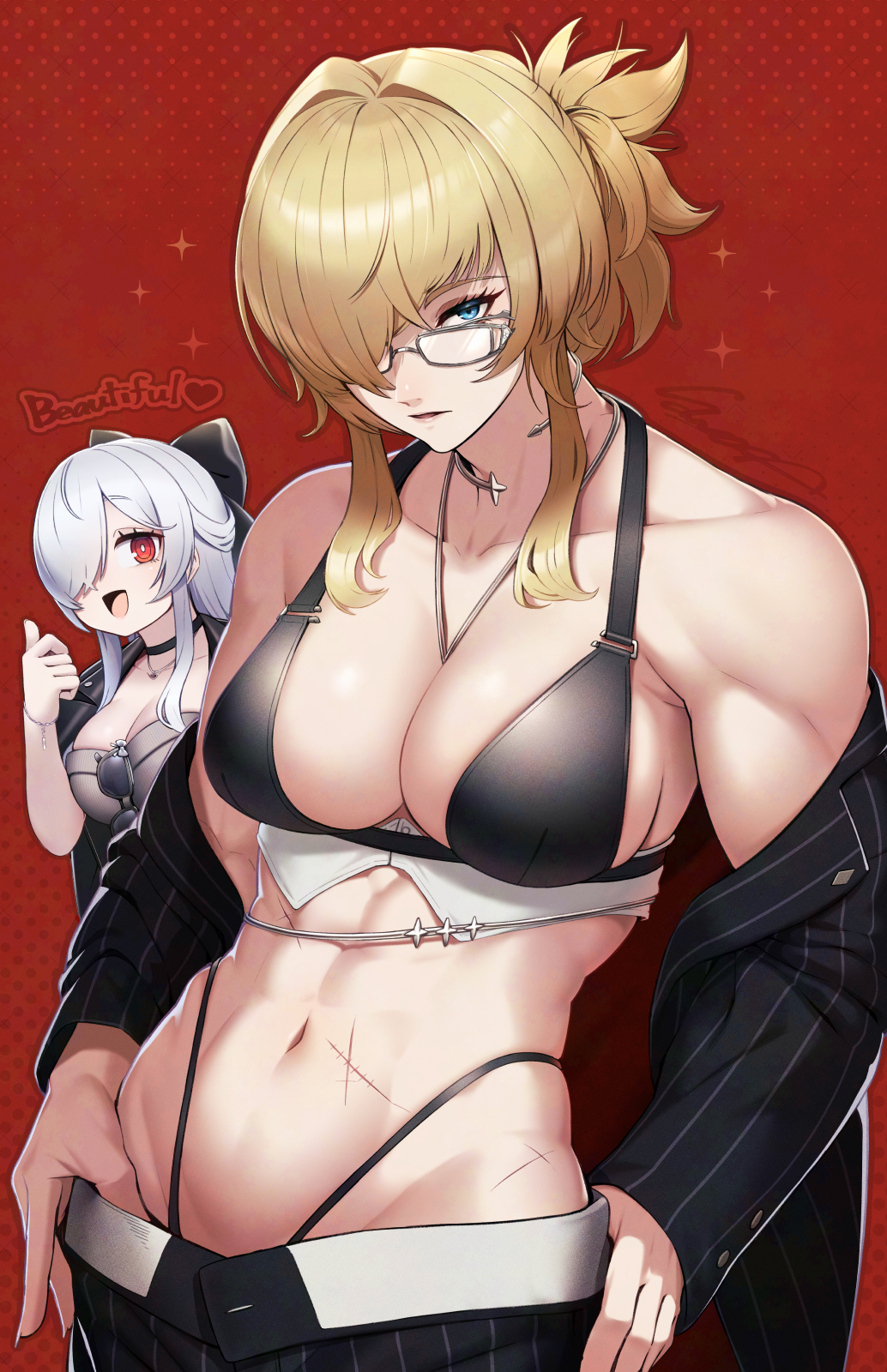 2girls :d bare_shoulders bikini black_bikini black_bow black_jacket black_pants blonde_hair blue_eyes bow breasts choker cinderella_(beautiful_me)_(nikke) cinderella_(nikke) cleavage collar collarbone commentary cowboy_shot dongtan_dress dress eyewear_hang formal_clothes glasses goddess_of_victory:_nikke grave_(beautiful_you)_(nikke) grave_(nikke) grey_dress groin hair_between_eyes hair_bow hair_over_one_eye half_updo hands_on_own_hips heart heart_necklace highleg highleg_bikini highres jacket jacket_on_shoulders jewelry large_breasts long_hair looking_at_viewer medium_breasts meme_attire metal_collar mole mole_on_breast multiple_girls multiple_scars navel necklace necklace_between_breasts off_shoulder official_alternate_costume open_fly open_mouth pants parted_lips pinstripe_jacket pinstripe_pants pinstripe_pattern pinstripe_suit ponytail red_background red_eyes sawasa scar scar_on_stomach short_ponytail sidelocks signature smile solo_focus standing stomach suit swimsuit thumbs_up toned toned_female unworn_eyewear very_long_hair white_hair