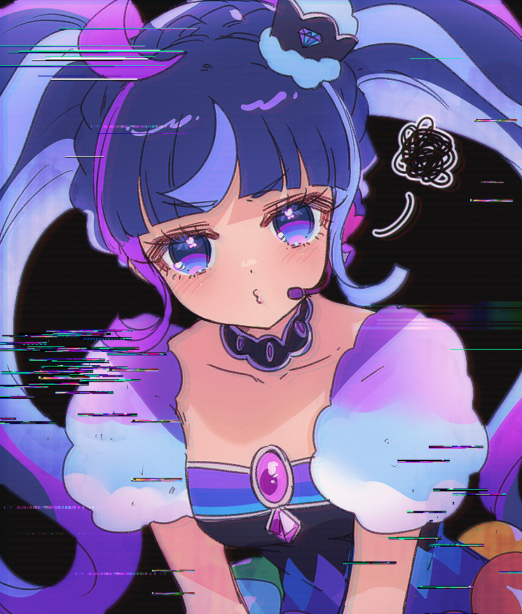 1girl ahoge black_background blue_eyes blue_hair blunt_bangs blush chuu0105 commentary_request crown dark-skinned_female dark_skin detached_collar dress headset kiratto_pri_chan korean_commentary kuro_daia_(pri_chan) long_hair looking_at_viewer mini_crown multicolored_hair o3o pretty_series purple_hair sidelocks solo squiggle streaked_hair twintails upper_body