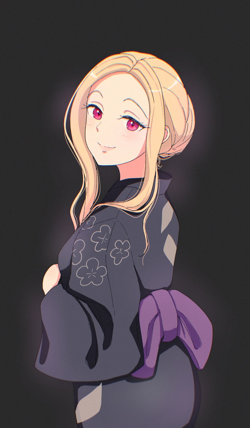 1girl black_background black_kimono blonde_hair closed_mouth commentary_request gradient_background hair_bun highres japanese_clothes kimono kitagawa_marin long_sleeves looking_at_viewer obi osage_gankyou pink_eyes sash short_hair_with_long_locks solo sono_bisque_doll_wa_koi_wo_suru wide_sleeves