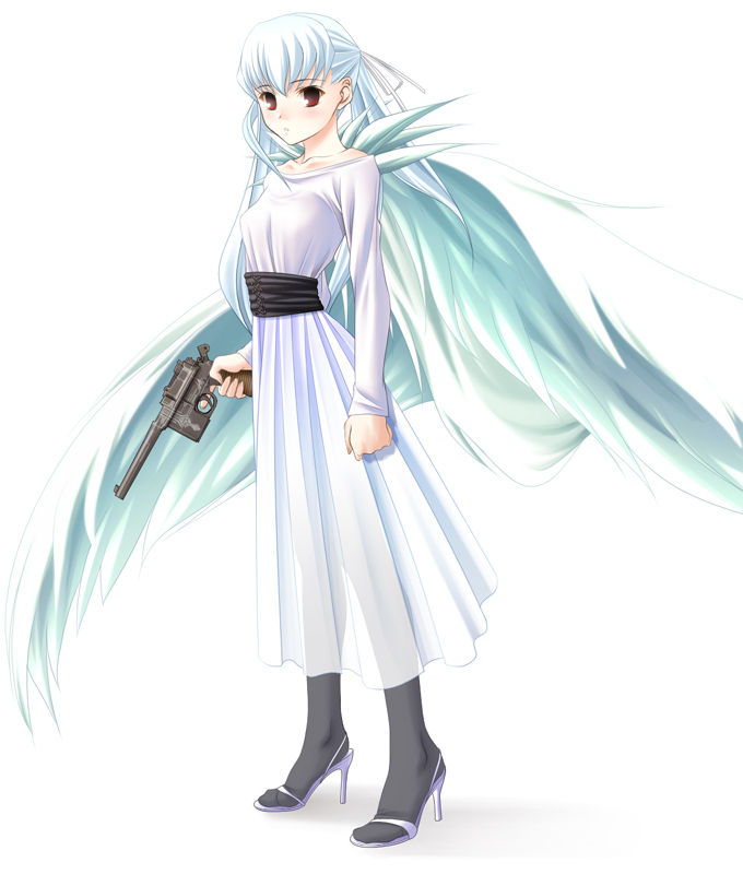 aizawa_kotarou angelos_armas blue_hair cocked_hammer dress gun handgun henri high_heels mauser_c96 pistol red_eyes see-through_clothes shoes solo transparent weapon wings