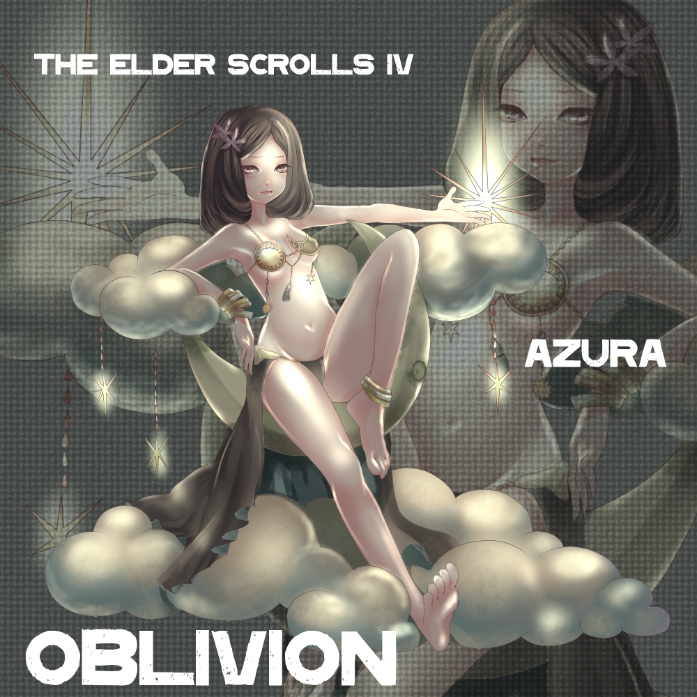 1girl anklet armor azura bad_id bad_pixiv_id barefoot bikini_armor bracelet breasts brown_hair cloud crescent daedra daedric_prince female_focus flower grey_eyes hair_ornament jewelry long_hair ma_ko moon navel open_mouth small_breasts smile solo sparkle star_(symbol) the_elder_scrolls the_elder_scrolls_iv:_oblivion the_elder_scrolls_v:_skyrim very_long_hair