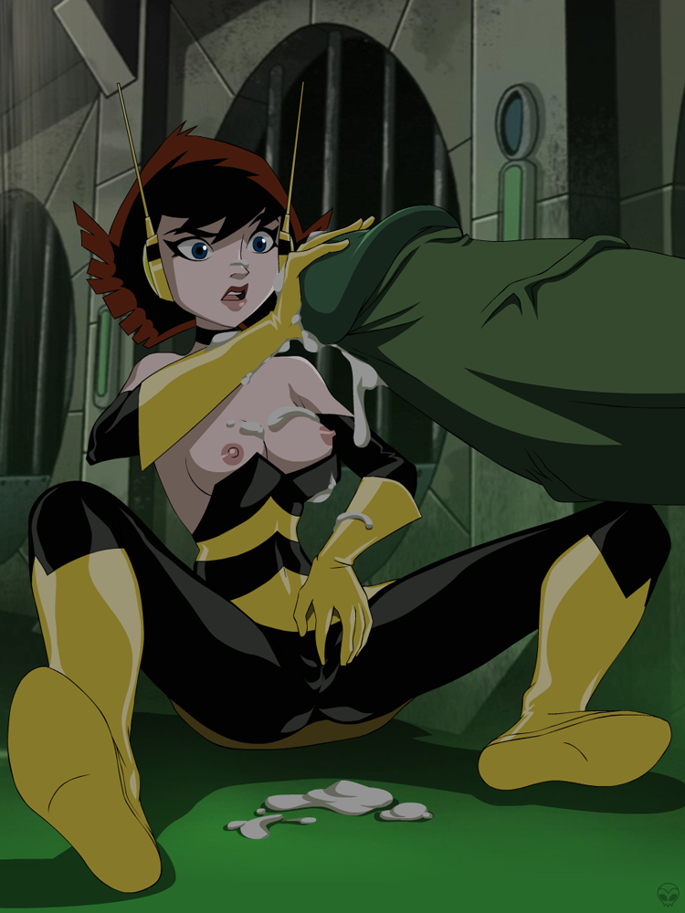 1girl blue_eyes breasts brown_hair cum cum_on_body full_body hetero lips medium_breasts nipples penis short_hair sitting solo_focus spread_legs tagme teeth upper_teeth_only veins veiny_penis wasp_(marvel) zone_(artist)