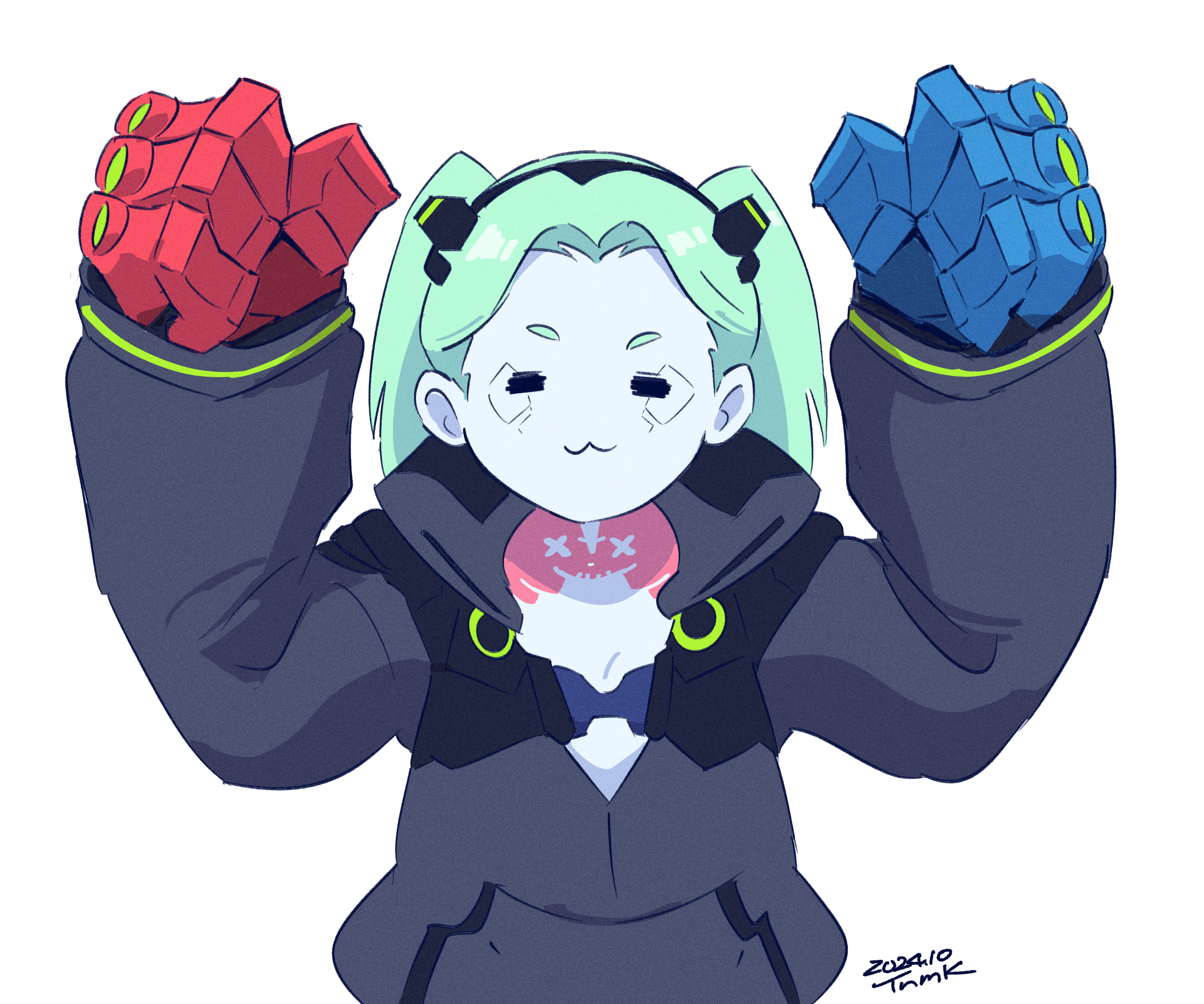 1girl :3 =_= arms_up artist_name clenched_hands colored_skin commentary_request cyberpunk_(series) cyberpunk_edgerunners cyborg dated fewer_digits green_hair hands_up highres jacket long_hair long_sleeves mechanical_hands neck_tattoo oversized_forearms oversized_limbs pink_tattoo rebecca_(cyberpunk) signature simple_background solo sousou_no_frieren tattoo tsunemoku twintails upper_body white_background