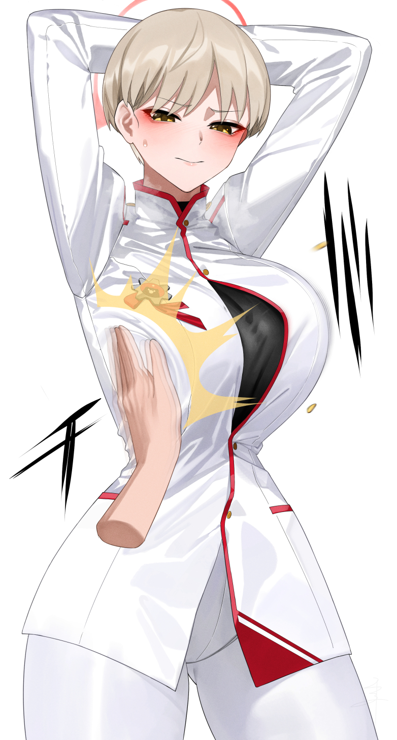 1girl armpits arms_up blonde_hair blue_archive blush breast_slap breasts brown_eyes bursting_breasts breasts button_gap closed_mouth disembodied_hand eyeliner flying_button frown gloves halo highres jacket large_breasts long_sleeves looking_at_viewer makeup marina_(blue_archive) narrow_waist pants popped_button senju_(snz0) short_hair solo_focus steam steaming_body thighs tight_clothes tight_pants white_gloves white_jacket white_pants