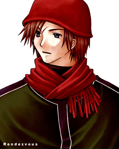 1boy alternate_costume artist_name bad_id beanie black_jacket brown_hair commentary_request expressionless final_fantasy final_fantasy_viii grey_eyes hat jacket looking_to_the_side lowres male_focus parted_lips red_hat red_scarf rendezvous scar scar_on_face scarf simple_background solo squall_leonhart upper_body white_background winter_clothes
