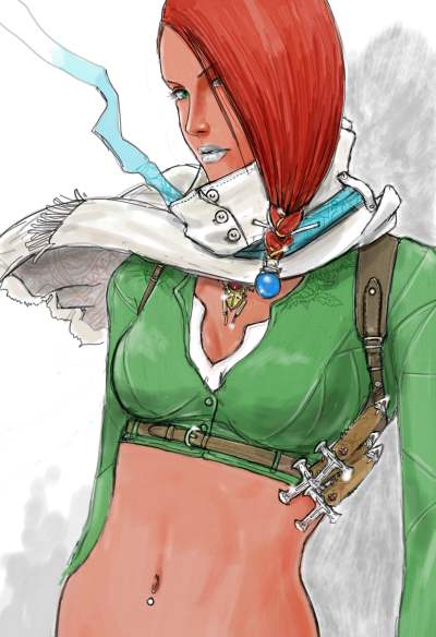 1girl bad_id bad_pixiv_id blue_eyes blue_lips breasts capcom crop_top dagger dark-skinned_female dark_skin devil_may_cry devil_may_cry_(series) devil_may_cry_2 female_focus hair_ornament hair_over_one_eye izo izo_(bjc000510) jewelry knife large_breasts lipstick long_hair lucia_(devil_may_cry) makeup midriff navel navel_piercing necklace piercing red_hair scarf short_hair solo upper_body weapon white_lips