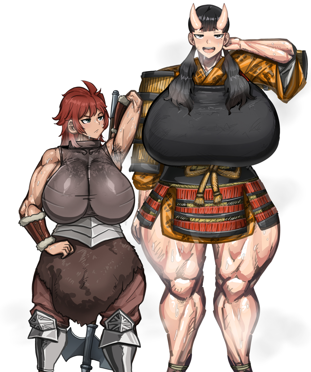 2girls armor black_hair breasts curvy dungeon_meshi full_armor full_body highres holy_light huge_breasts inutade japanese_armor multiple_girls namari_(dungeon_meshi) red_hair sweat sweatdrop twintails